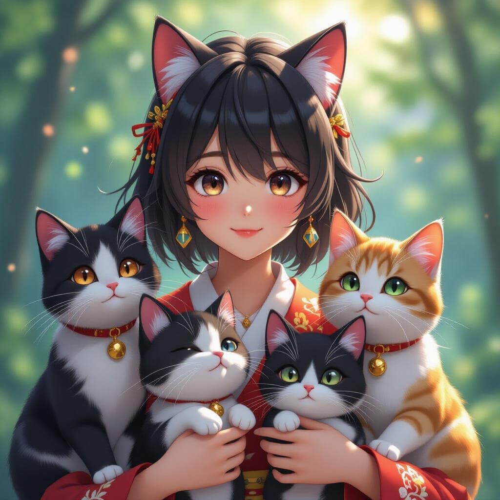 Anime Girl with Cats in Vibrant 3D Art Style