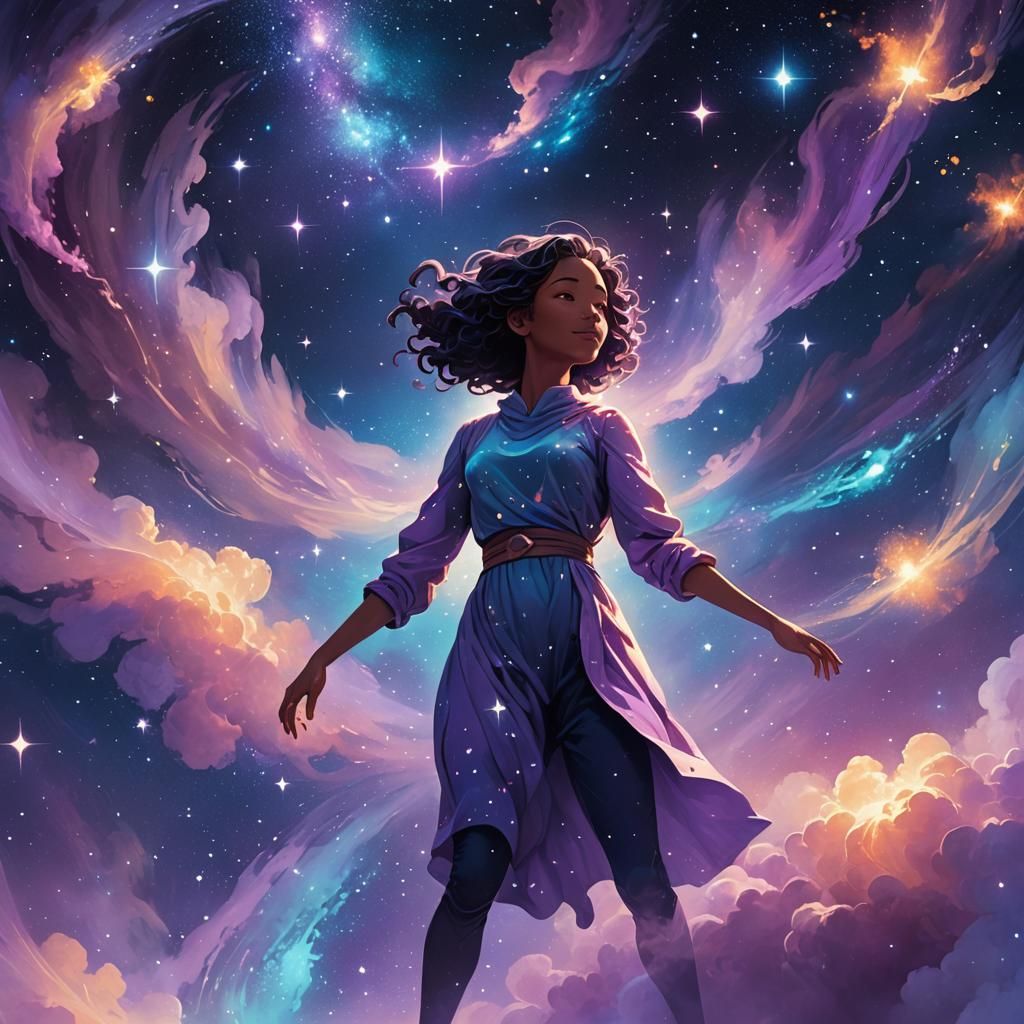 Dreamlike Figure Floating Among Stars