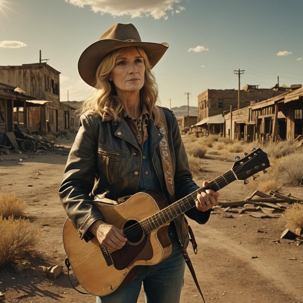 Singer in Wasteland: A Cinematic Film Still