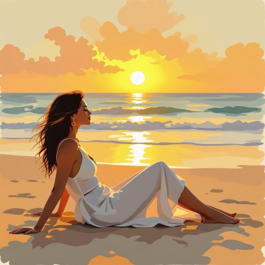 Woman Relaxing on Beach at Golden Hour in Helen Frankenthale...