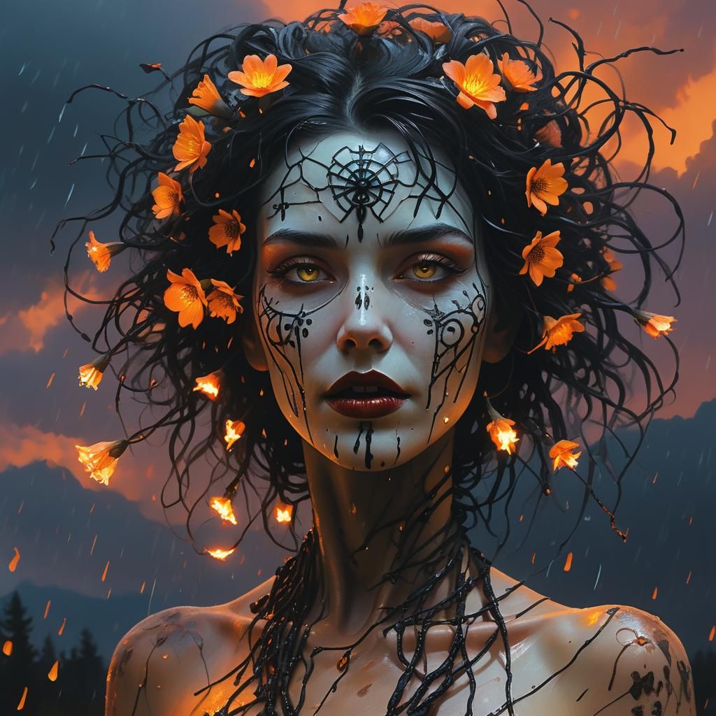 Femme Fatale with Glowing Runes and Black Dahlias