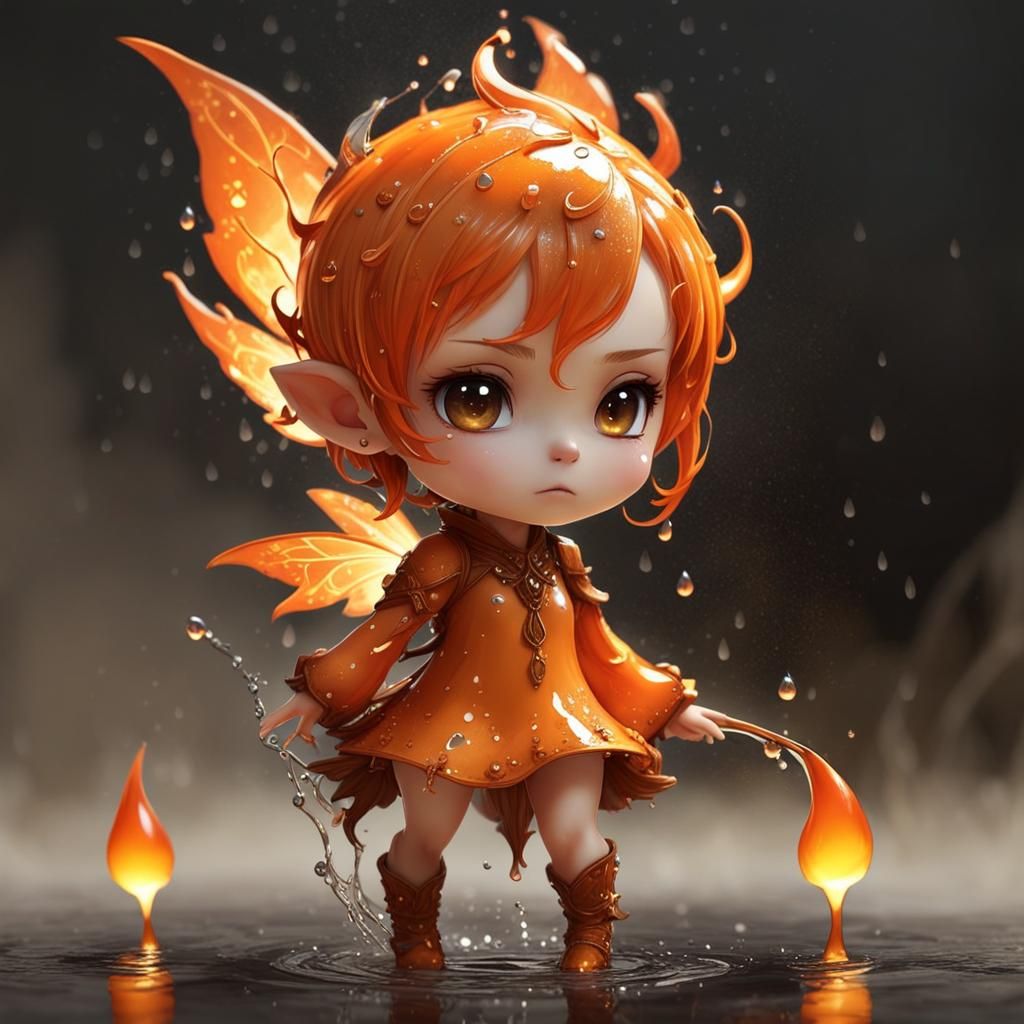 Whimsical Fire Pixie with Water Droplets