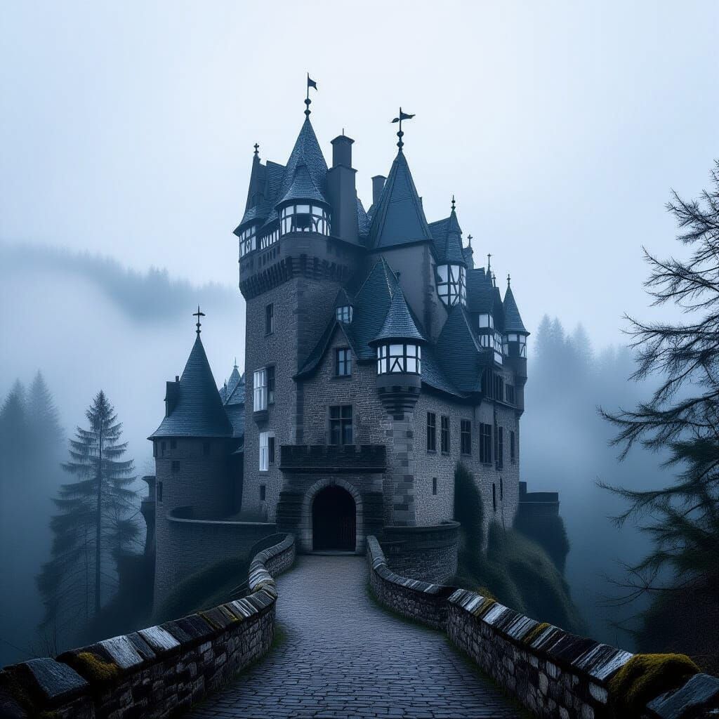 Mysterious Renaissance Castle Shrouded in Fog