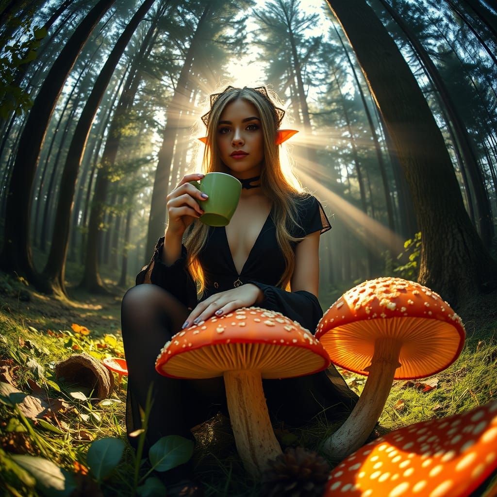 Elf Woman Sipping Coffee in Forest, Photorealistic HDR