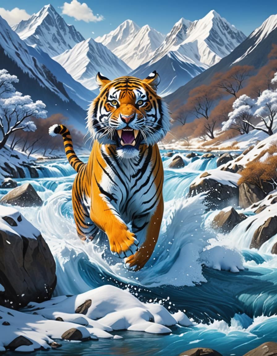Tiger Roaring in a Blue River Landscape