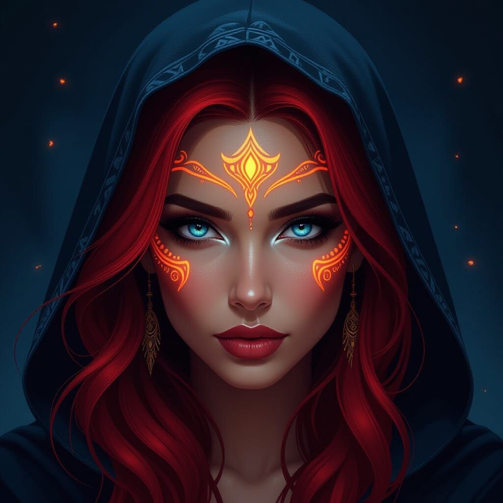 Woman with Glowing Tribal Face Art in Digital Style