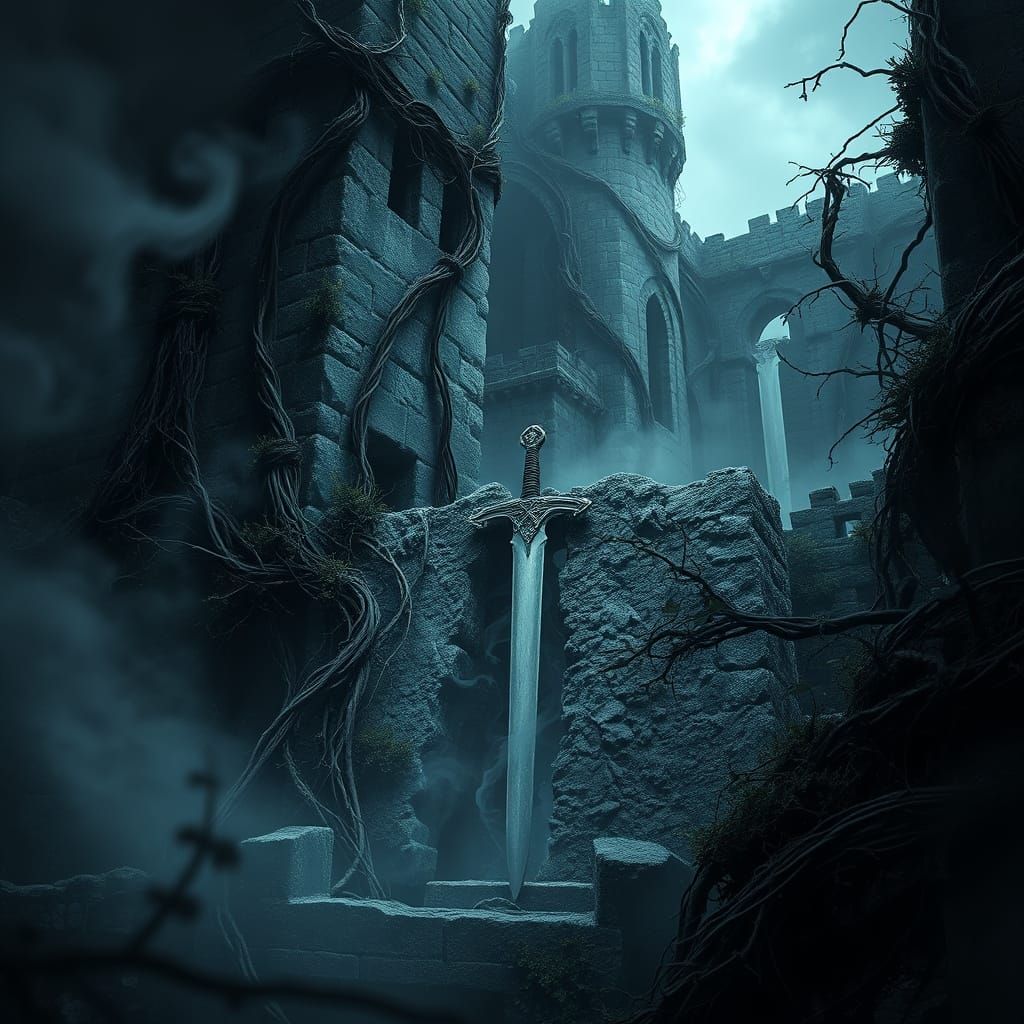 Ruined Castle and Broken Sword in Atmospheric Fantasy Art