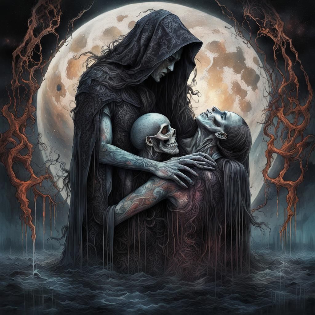 Cosmic Witch Embraces Warrior: Surreal Fantasy Art