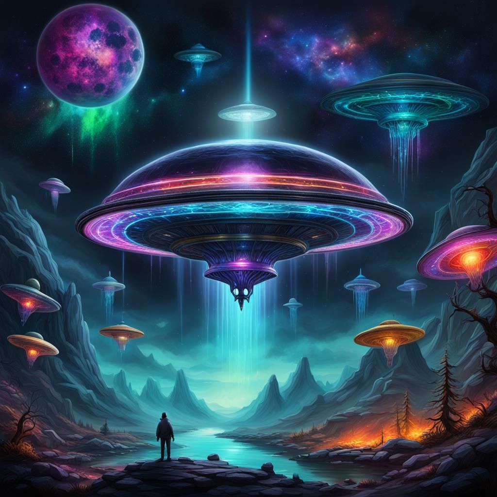 Bioluminescent UFO in Dark Fantasy Scene