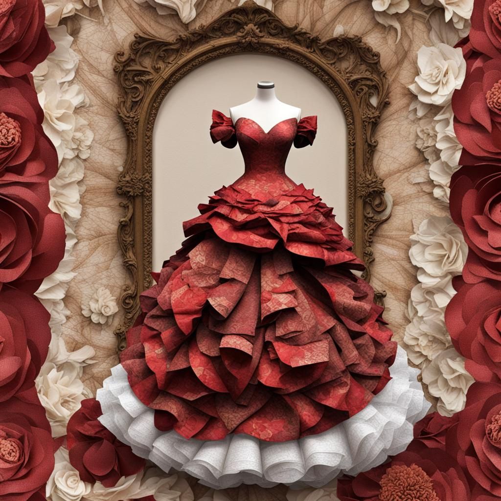 Fine Art Paper Collage Couture Ball Gown on Display Mannequi...