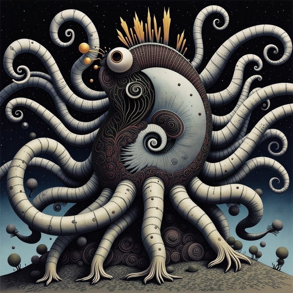 Gigeresque Bio-Mechanical Centipede-Hydra Amidst Derelict Sp...