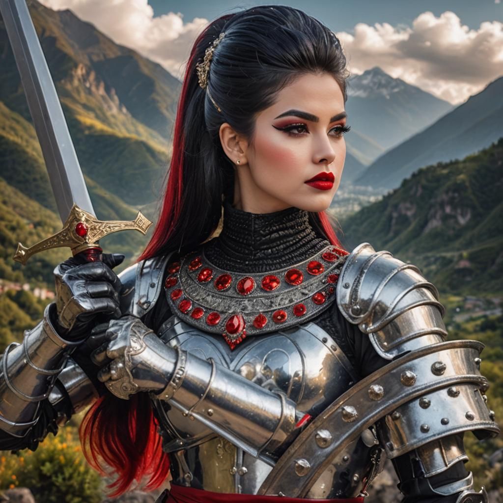 23 year old woman, dressed in shiny armour, luxurious black bouffant hair, black eyeshadow, red lipstick, sword in right...