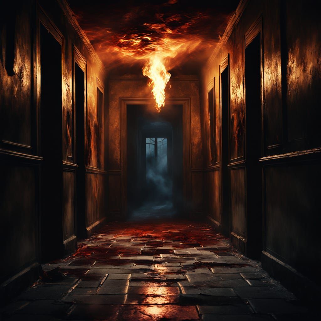 Dark Moody Oil Painting of Smoky Stone Hallway Ablaze