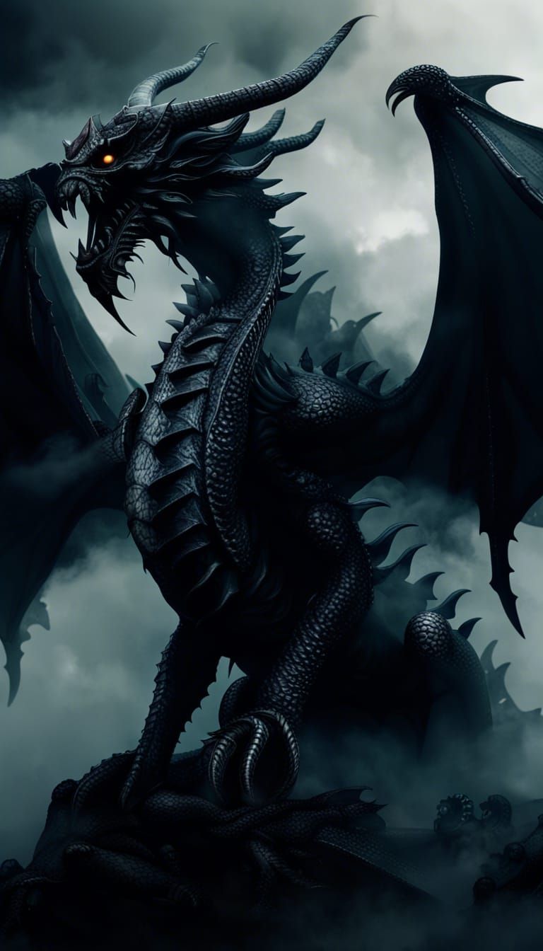 Obsidian Dragon God in Ethereal Fog