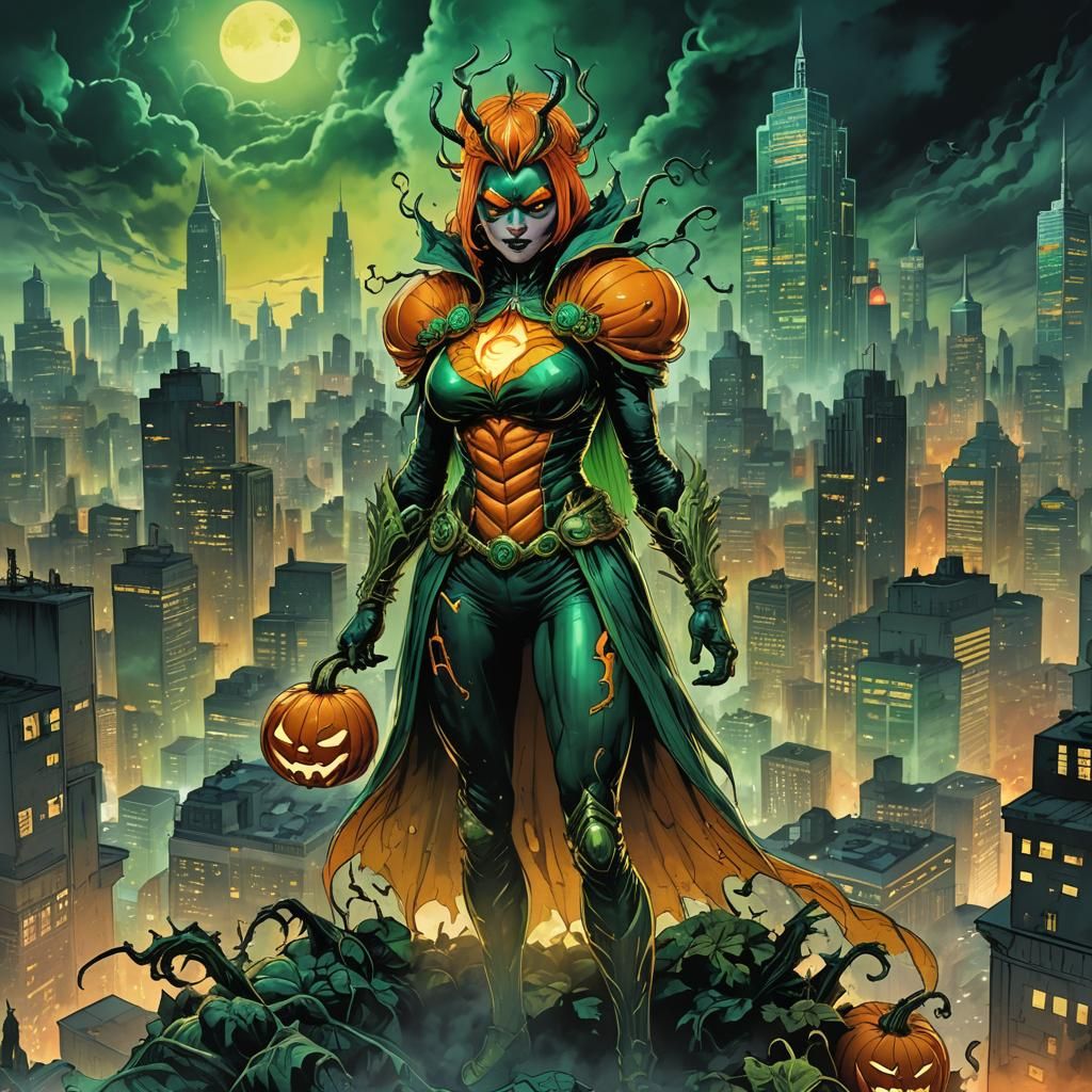 Pumpkin Queen Overlooks Cityscape in Comic Book Style