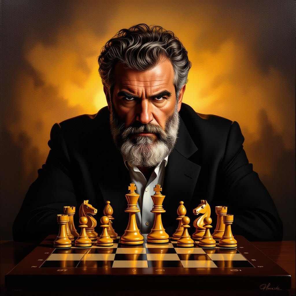 Chess Game Start with Kasparov Portrait Backdrop