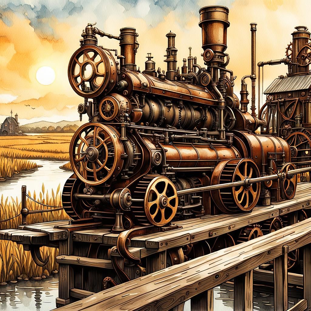 Cat on Steampunk Bridge in Watercolor Style