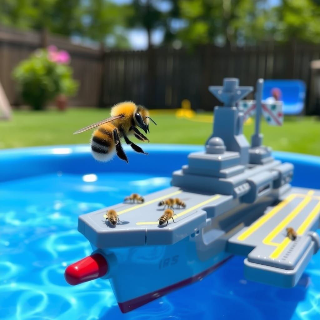Bumble Bee Lands on Toy Aircraft Carrier in Children's Wadin...