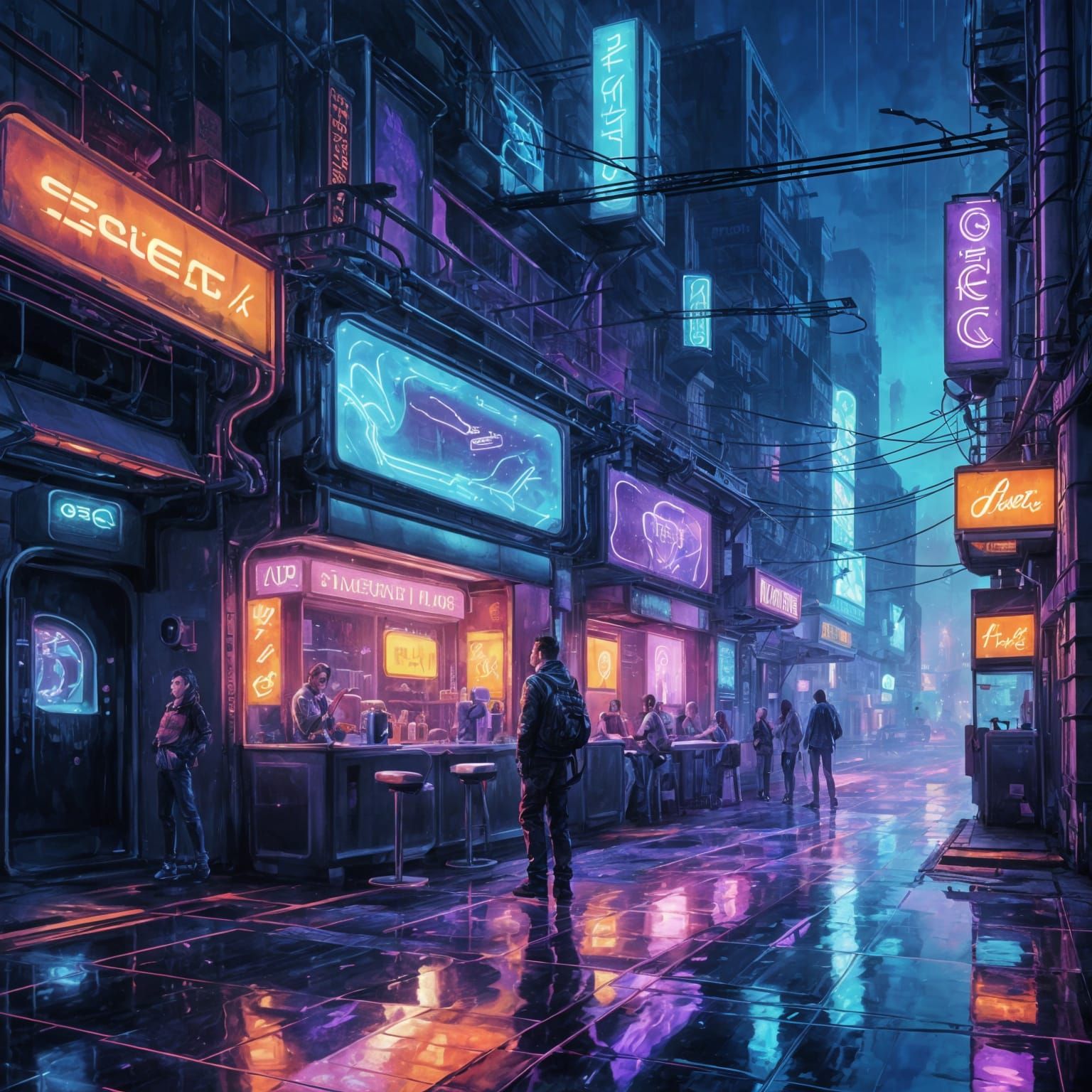 Cyberpunk Café in Neon Alleyway Concept Art
