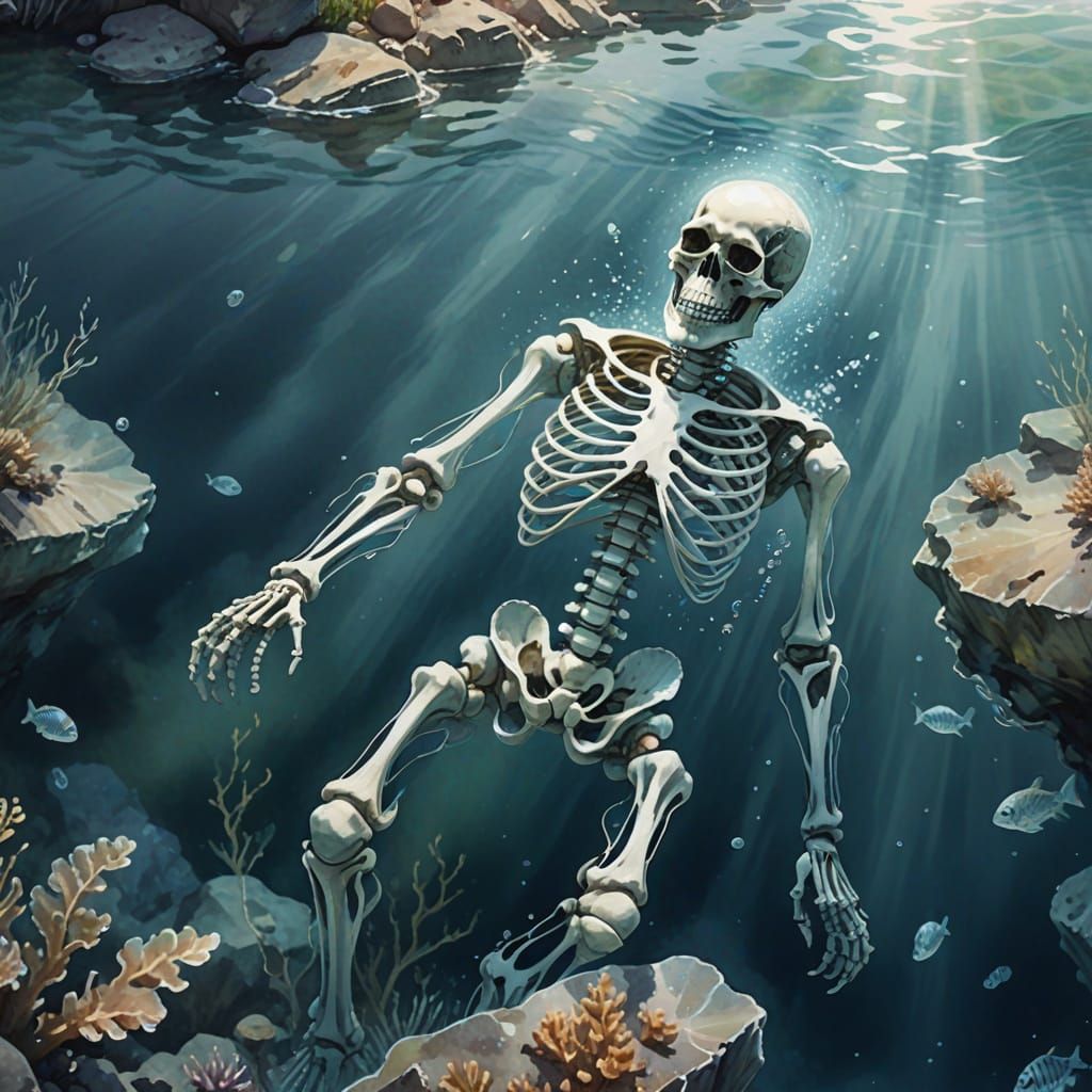 Dreamy Watercolor Skeleton on Ocean Floor