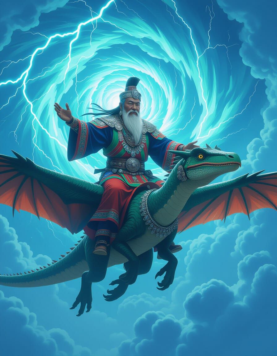 Hmong Elder Rides Pterodactyl in Art Nouveau Style