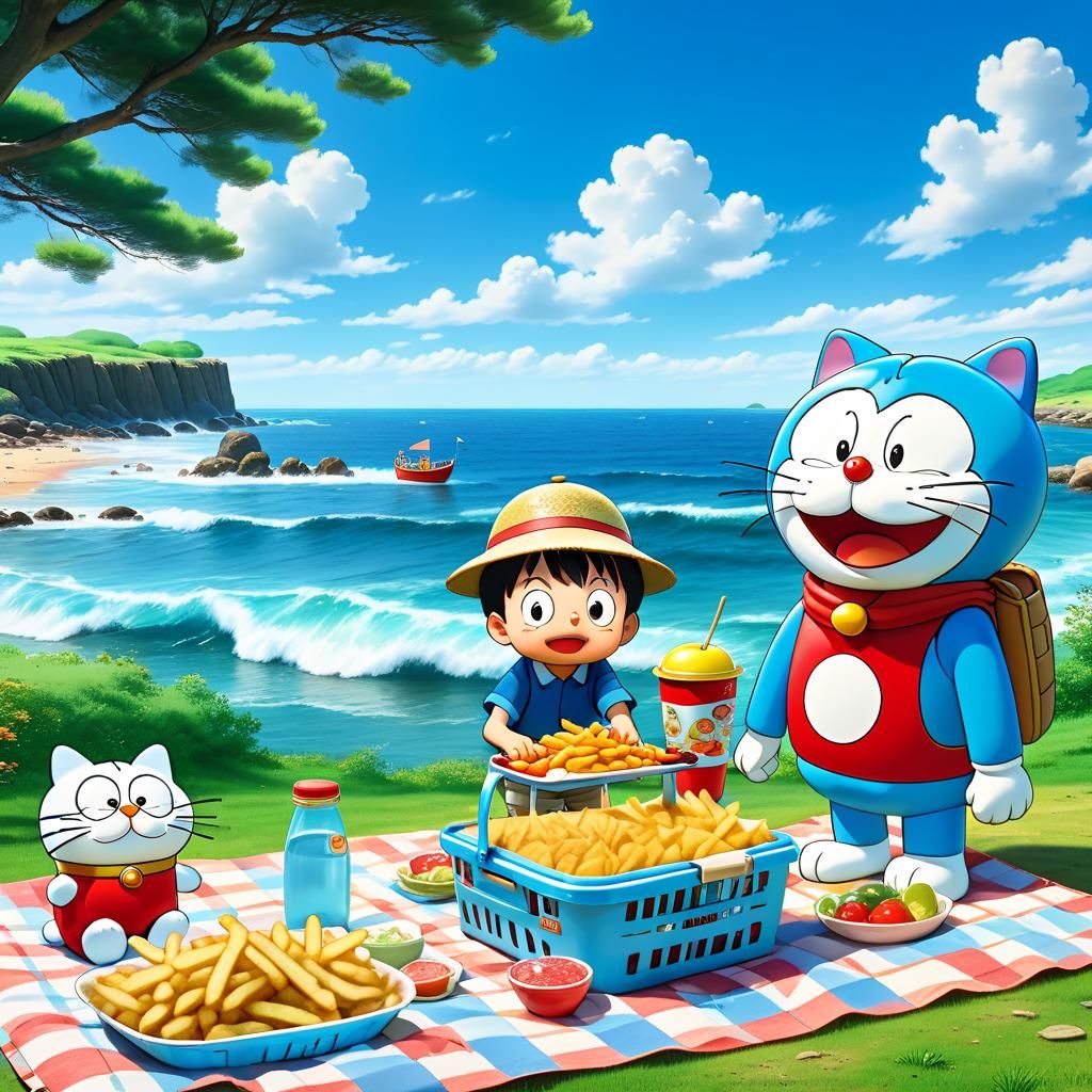 Doraemon and Nobita Picnic by the Sea in Anime Style