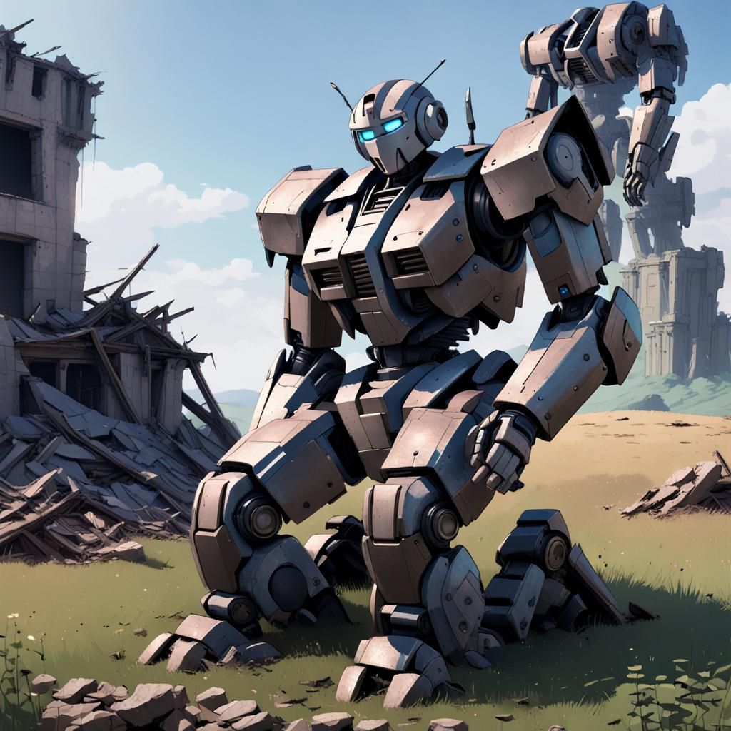 Depressed Robot in Ruined Field: 3D Anime Art