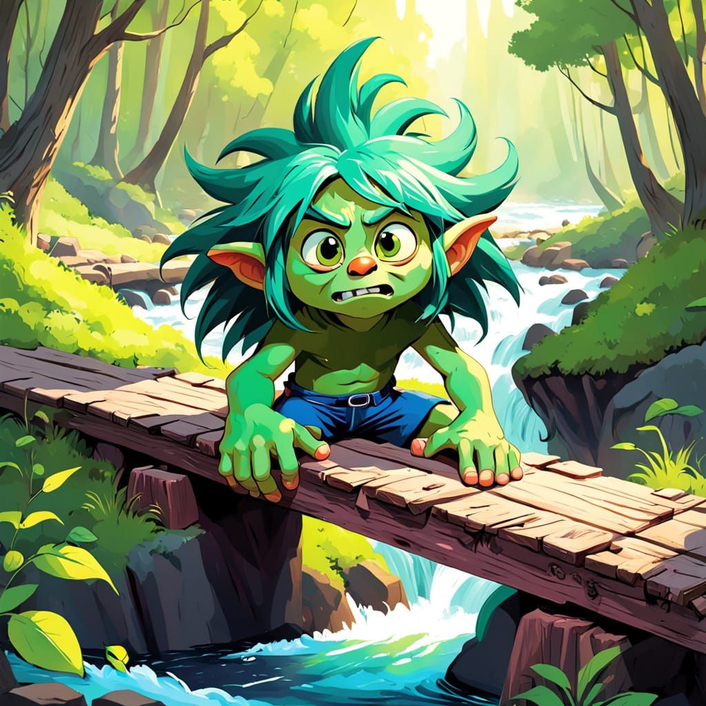 Mischievous Troll Plotting Prank Under Bridge