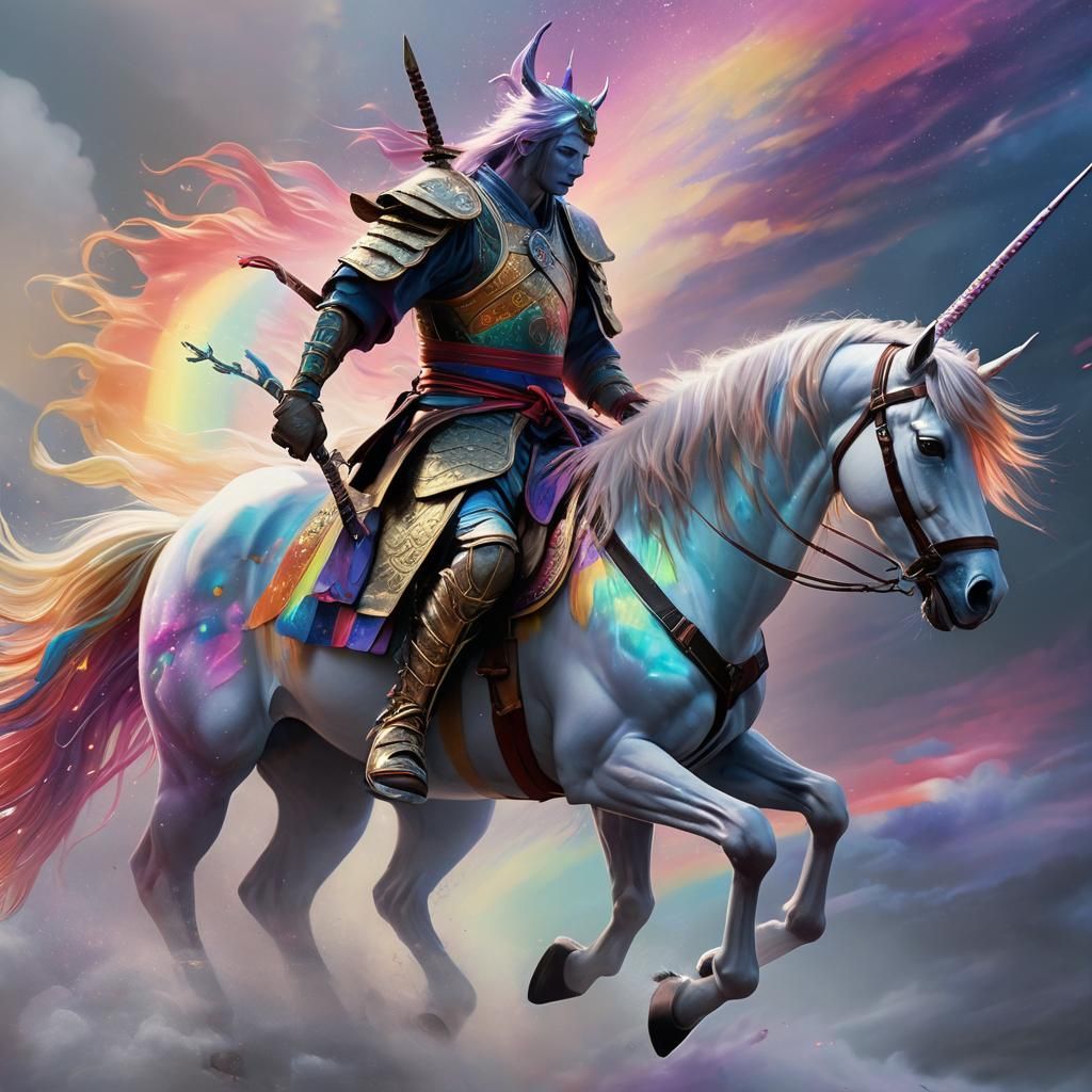 Samurai on Rainbow Unicorn in Vibrant Oil Painting
