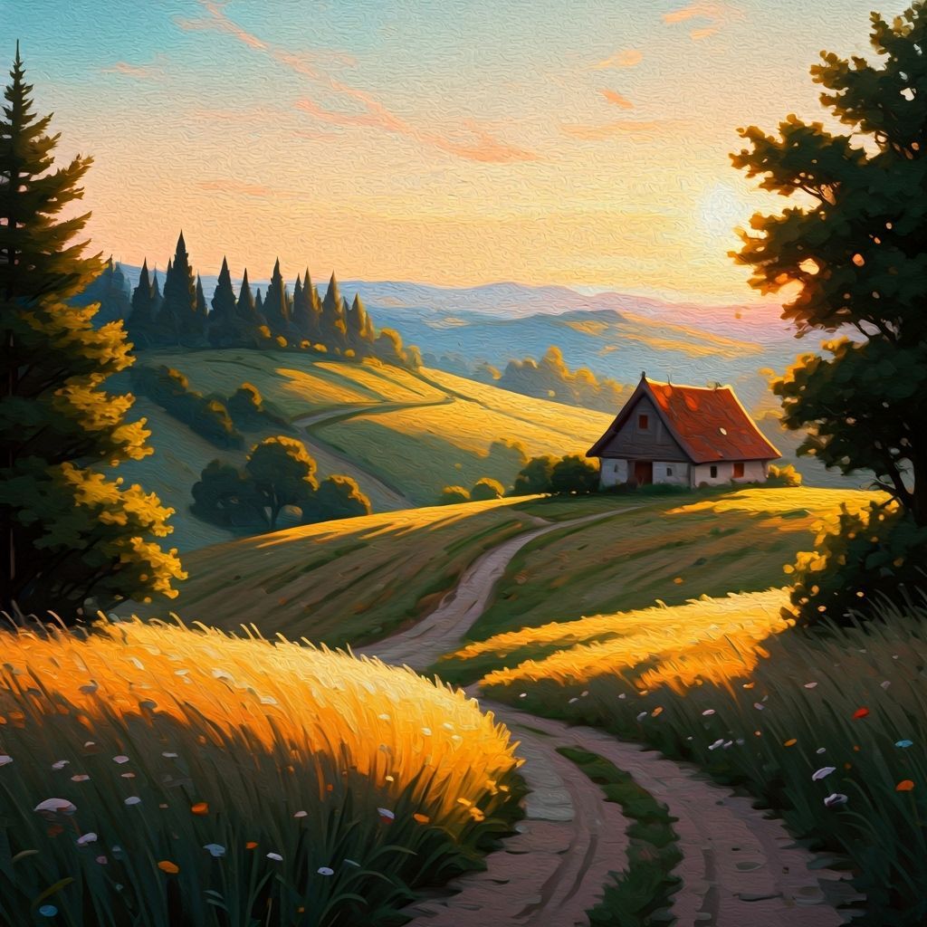 Impressionistic Sunset Over Rolling Hills with Rustic Cottag...
