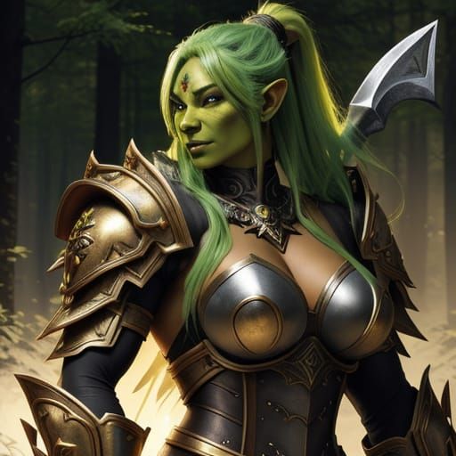 Elegant Green Skinned Female Orc Warrior in Mystical Forest