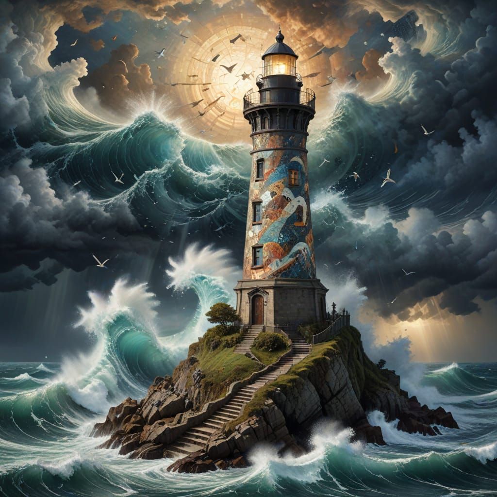 Lighthouse in Surreal Renaissance Mosaic Dreamscape