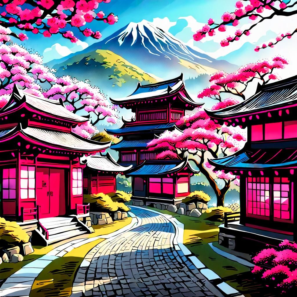 Japanese Cityscape with Sakura in Anime Style