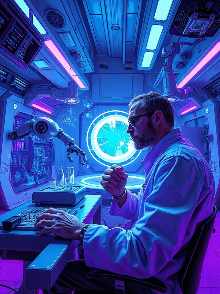 Neon-lit Cyberpunk Scientist in High-tech Lab