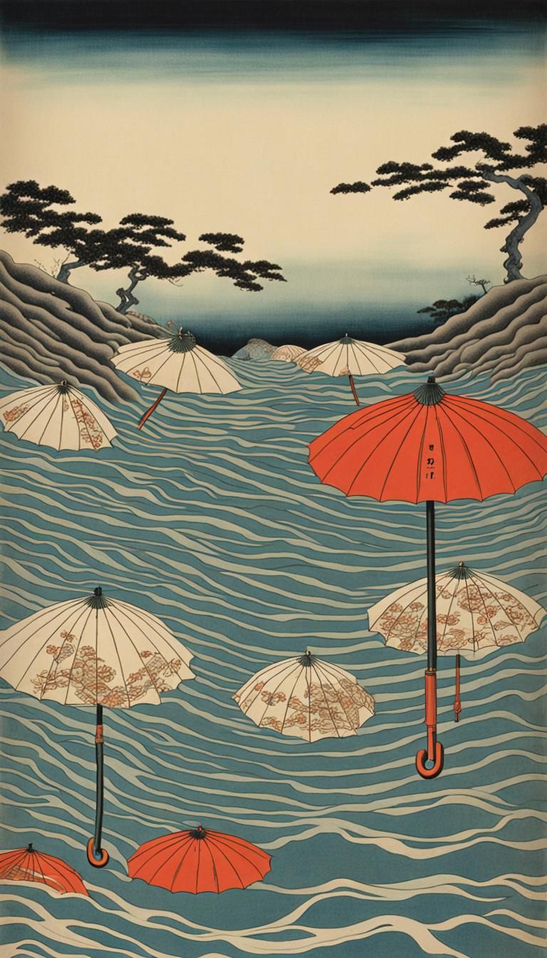 Uranium Umbrellas Underwater in Ukiyo-e Style