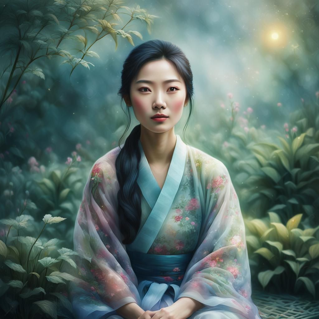 Asian Woman Portrait in Ethereal Oil Painting Style