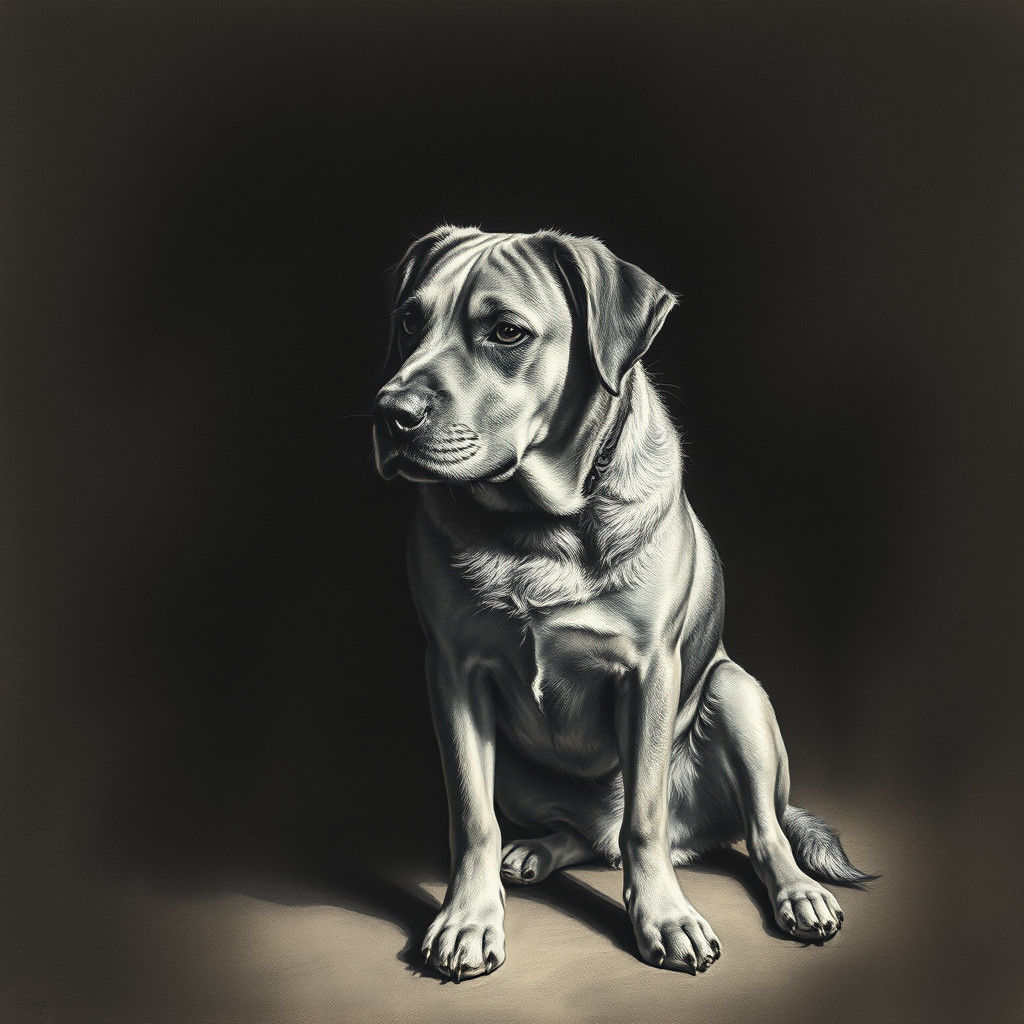 Contemplative Dog in Charcoal Drawing Style
