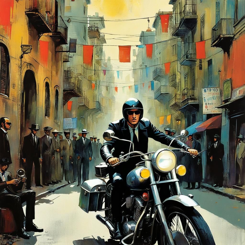 Dystopian Motorcycle Rider in Surreal Cityscape
