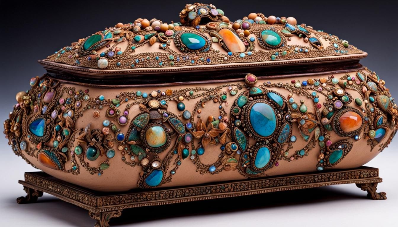 Ornate Bejeweled Pottery on Pastel Velvet