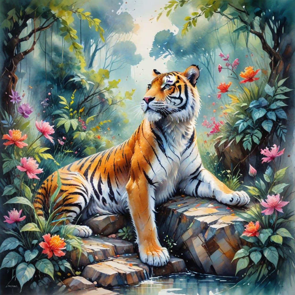 Majestic Tiger in Jungle, Neo-Impressionist Watercolour