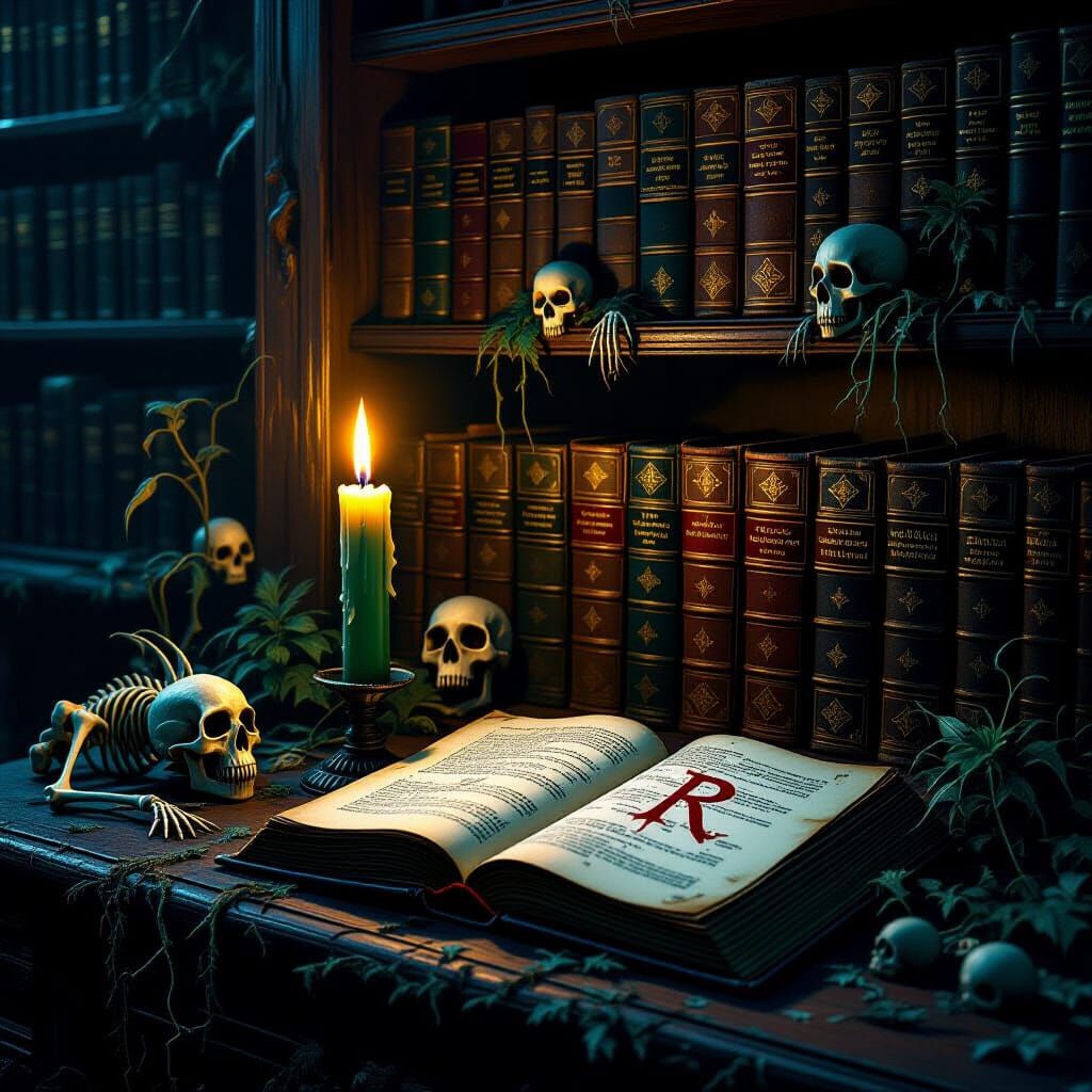Green Candle in Midnight Library with Skeletons and Plants