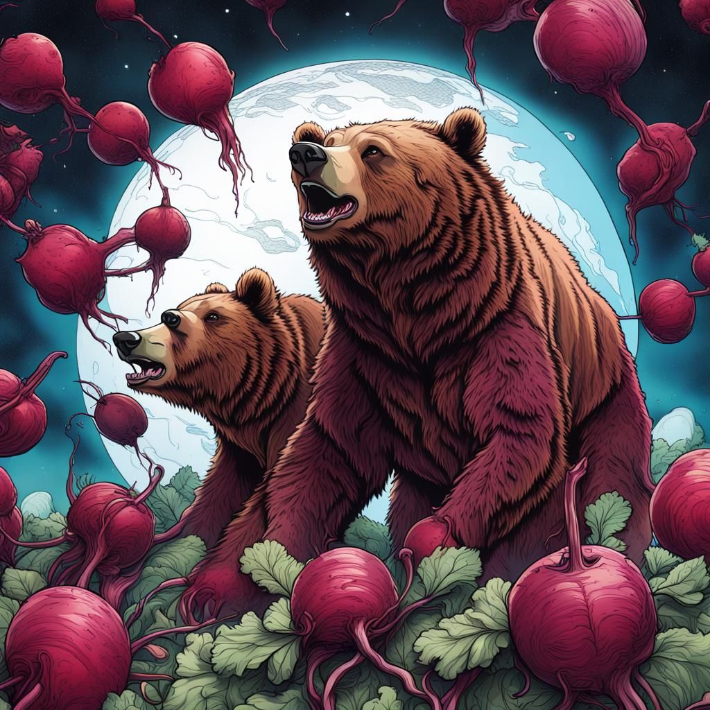 Dystopian Grizzly Bears Feast in Space: Ink Art