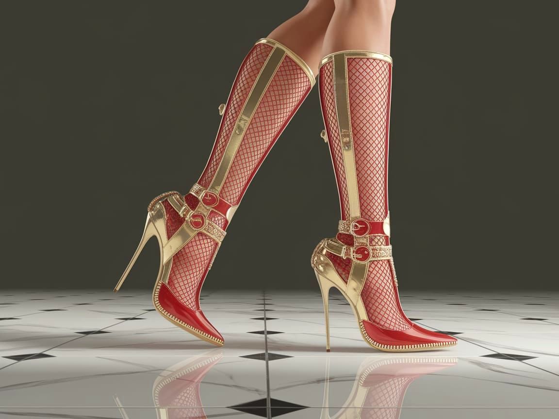 Elegant Red and Gold Stiletto Boots on Marble