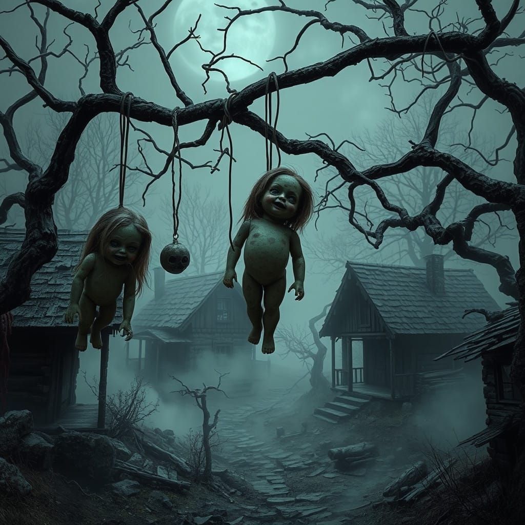 Creepy Abandoned Village with Cursed Dolls in Foreboding Mis...