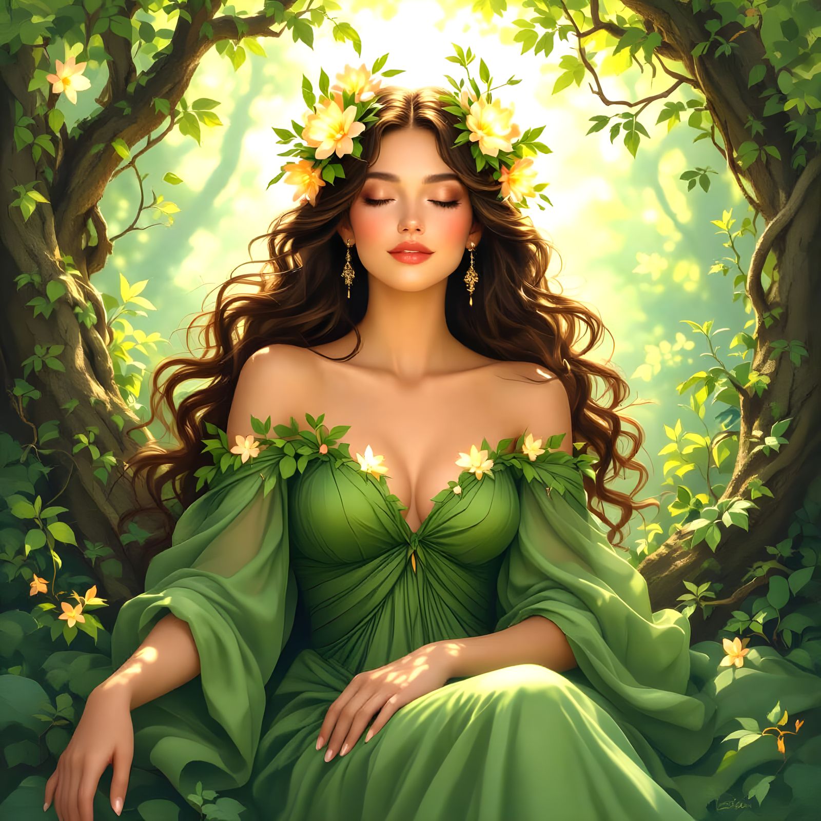 Enchanted Forest Goddess in Oil-on-Canvas Style