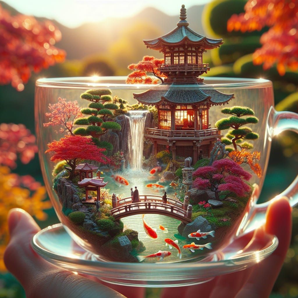 Miniature Autumn Garden Inside Transparent Teacup
