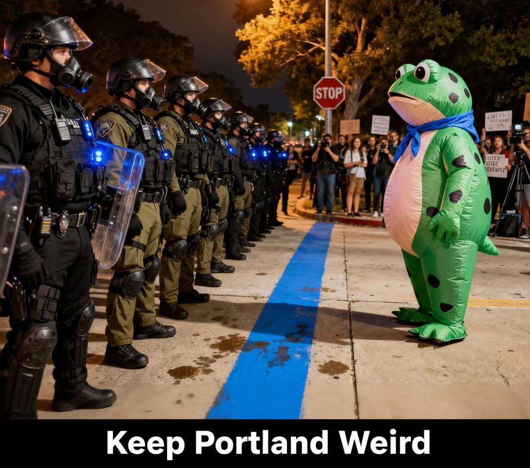 Surreal Night Protest: Frog vs. Police