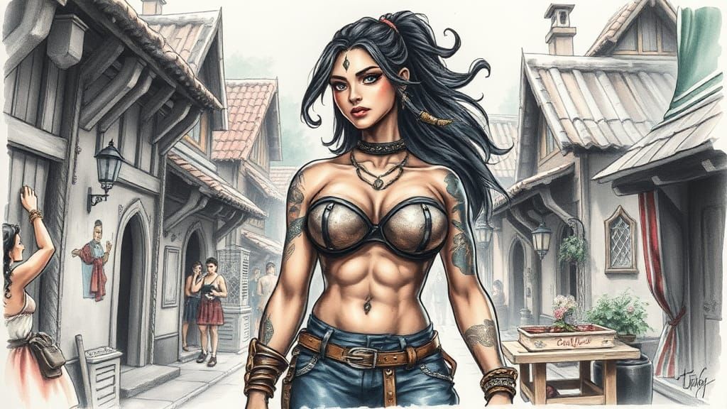 Watercolor Tattooed Bodybuilder in a Fantasy Scene