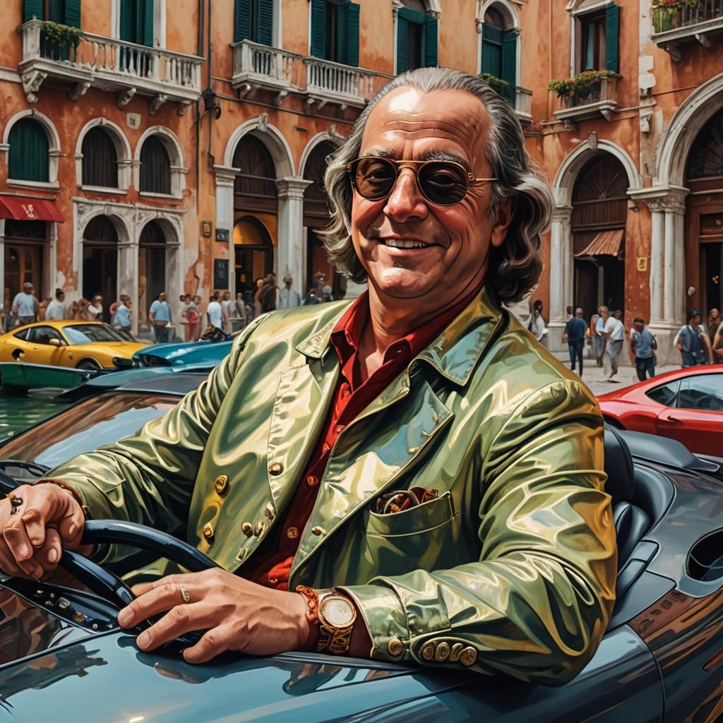 Benjamin Franklin Drives Ferrari in Venice: Hyperrealistic A...