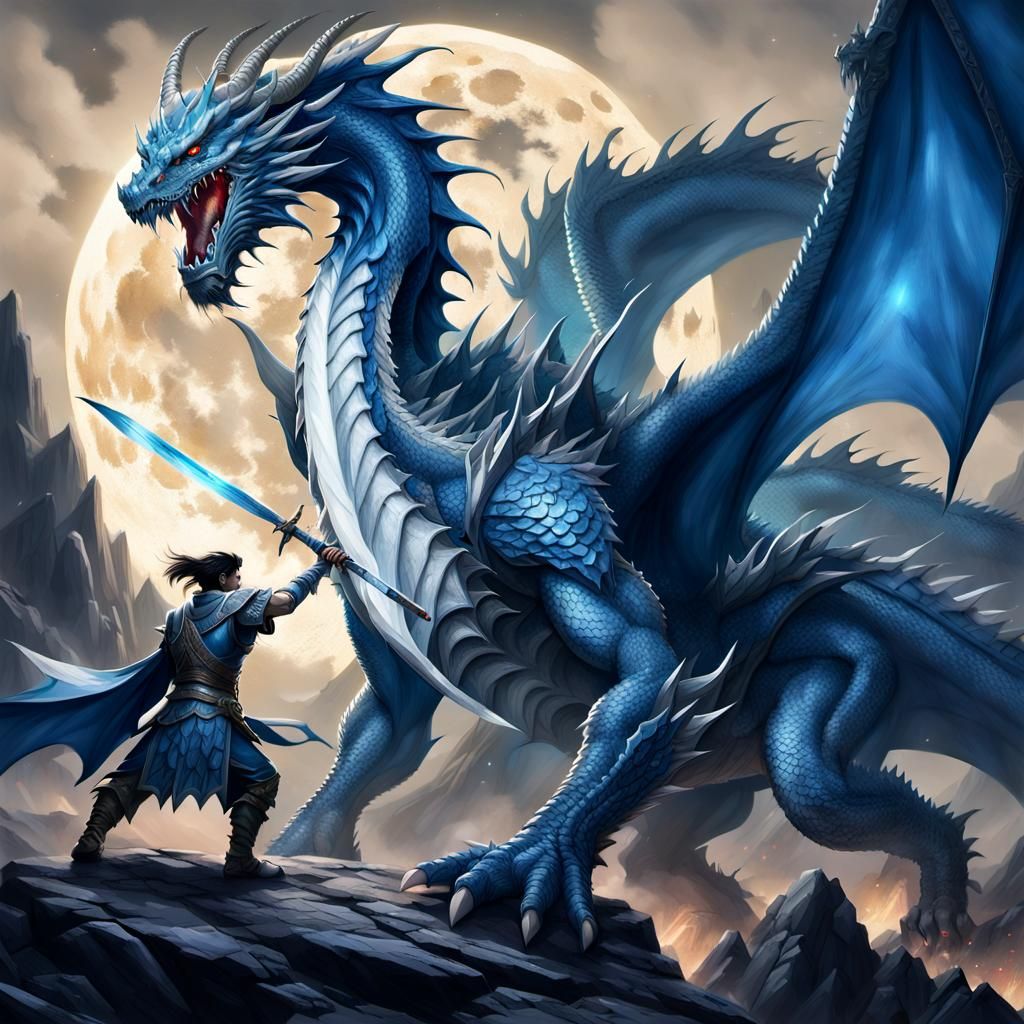 Dragon and Warrior Battle Under Moonlight